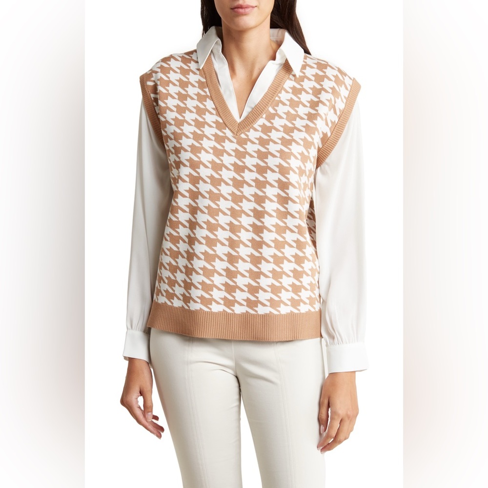 Adrianna Papell Tan and White Houndstooth Sweater Vest